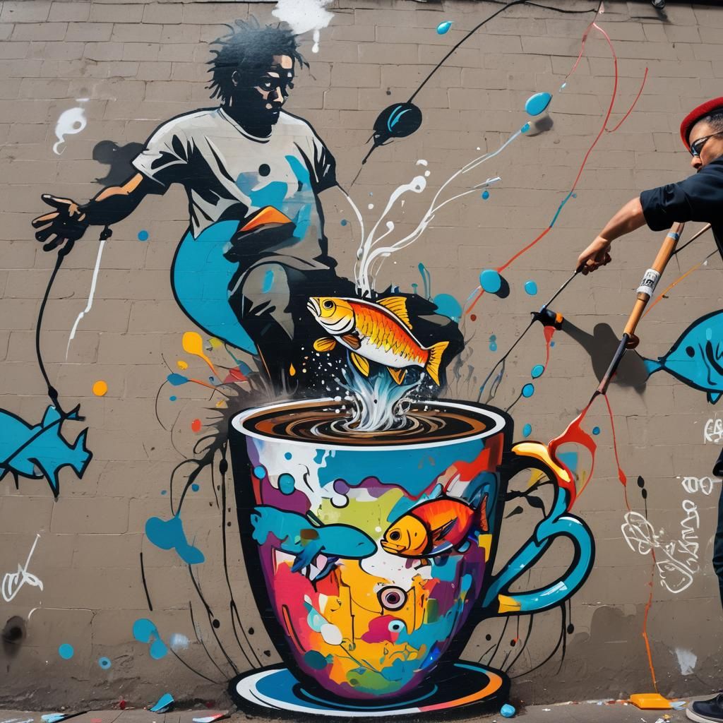 Street Art: Fishing for Rainbow Fish in Coffee