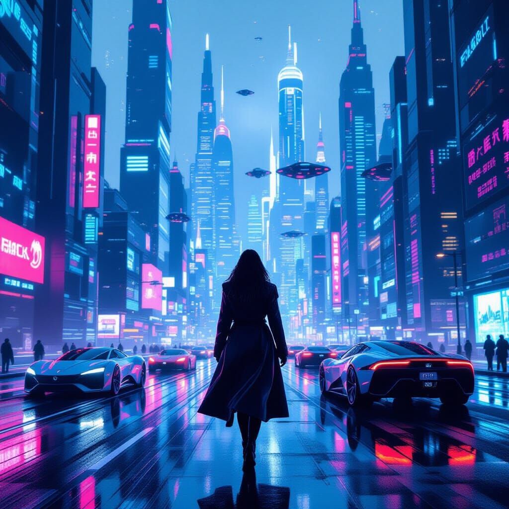 Futuristic Cityscape with Neon Lights in Cyberpunk Style