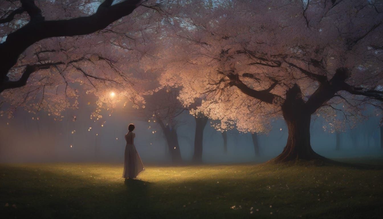 Moonlit Grove: A Lone Figure in Film Grain Style