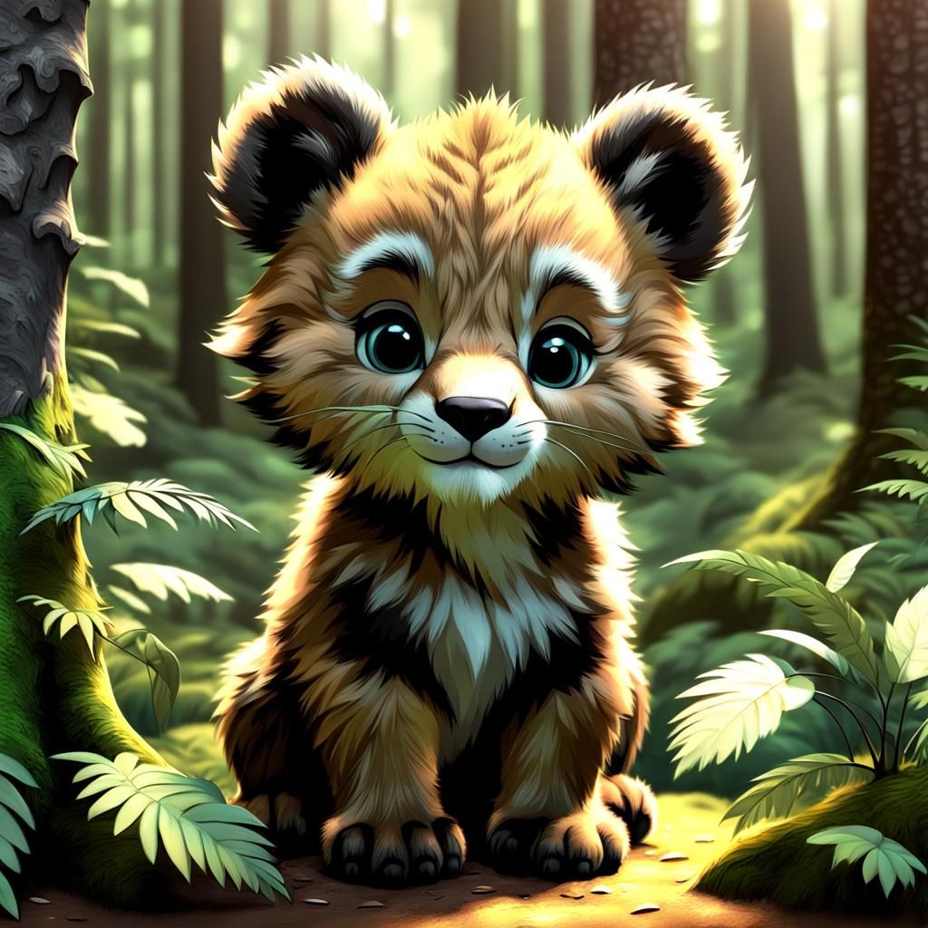 Adorable baby furry cub in a forest scenery 3D shading 3Deli...