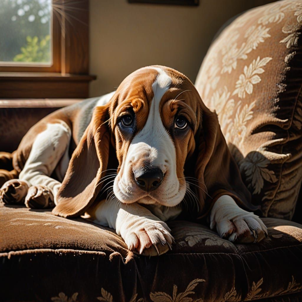 Basset Hound Puppy Sleeping Peacefully on Velvet Chaise Loun...