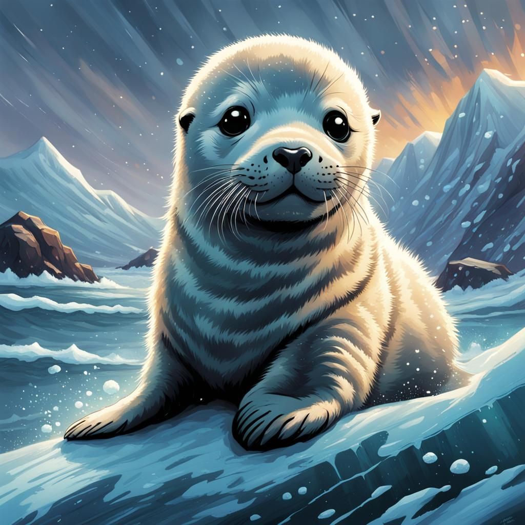Cute Baby Seal Pup in Comic Book Style