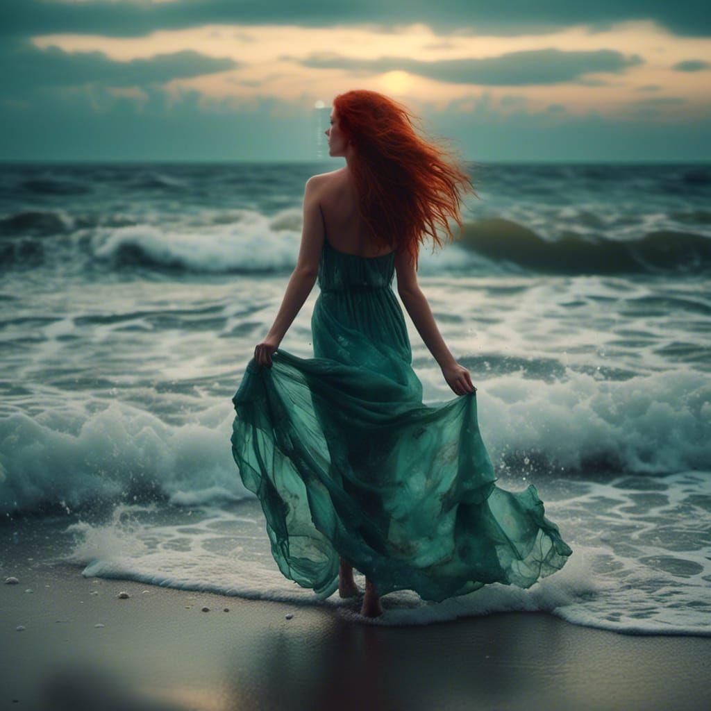 Hyperrealistic Woman on Moonlit Beach at Evening