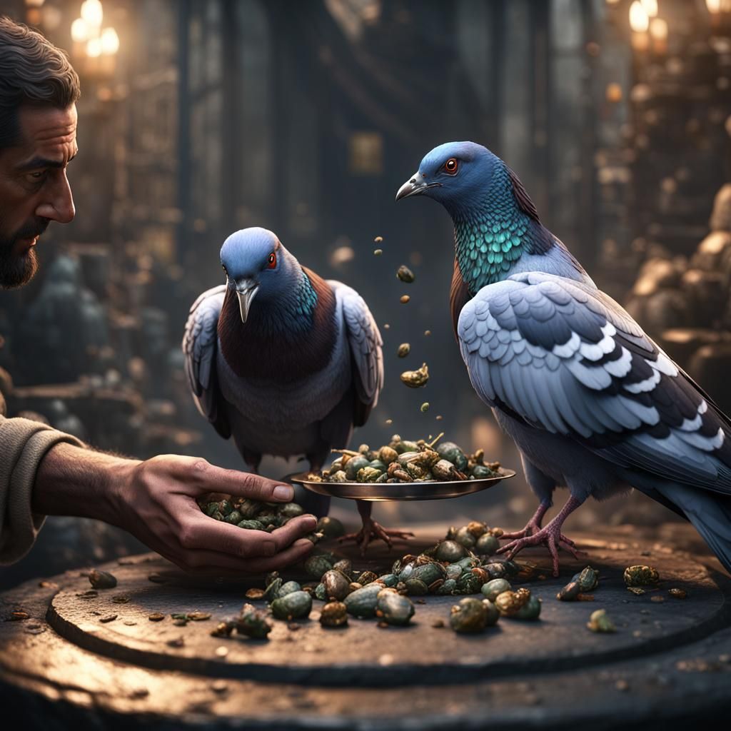 Fearless Pigeons Eating from Hand: Detailed Matte Painting