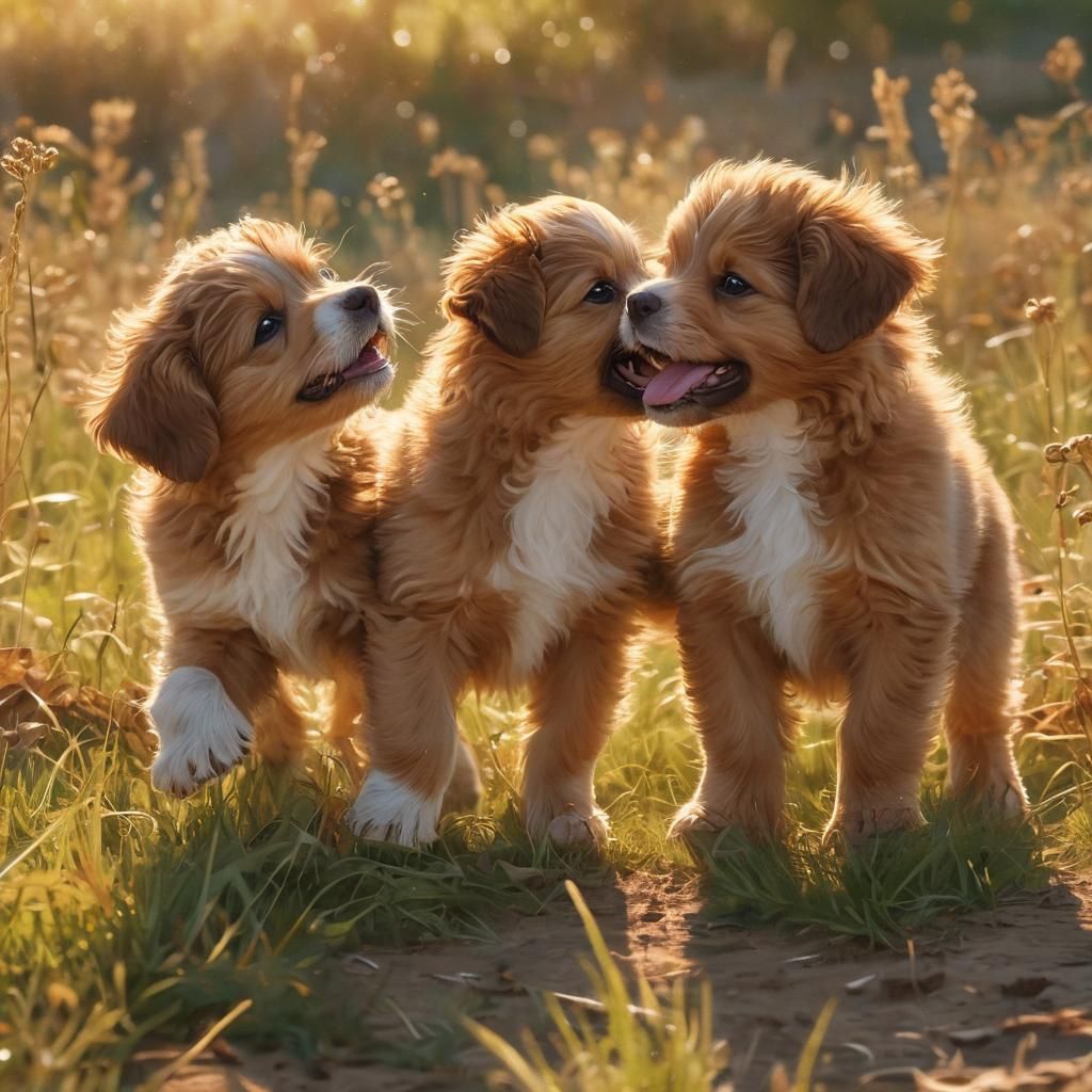 Puppies Playing in Sunlit Meadow, Impressionist Concept Art