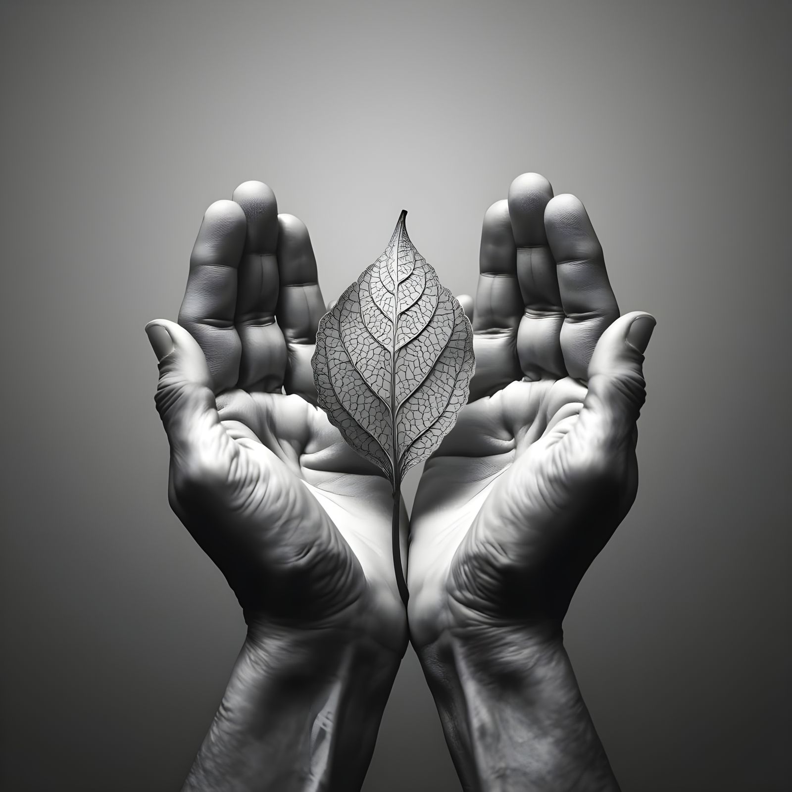 Surreal Hands Hold a Single Leaf in Intricate Black and Whit...