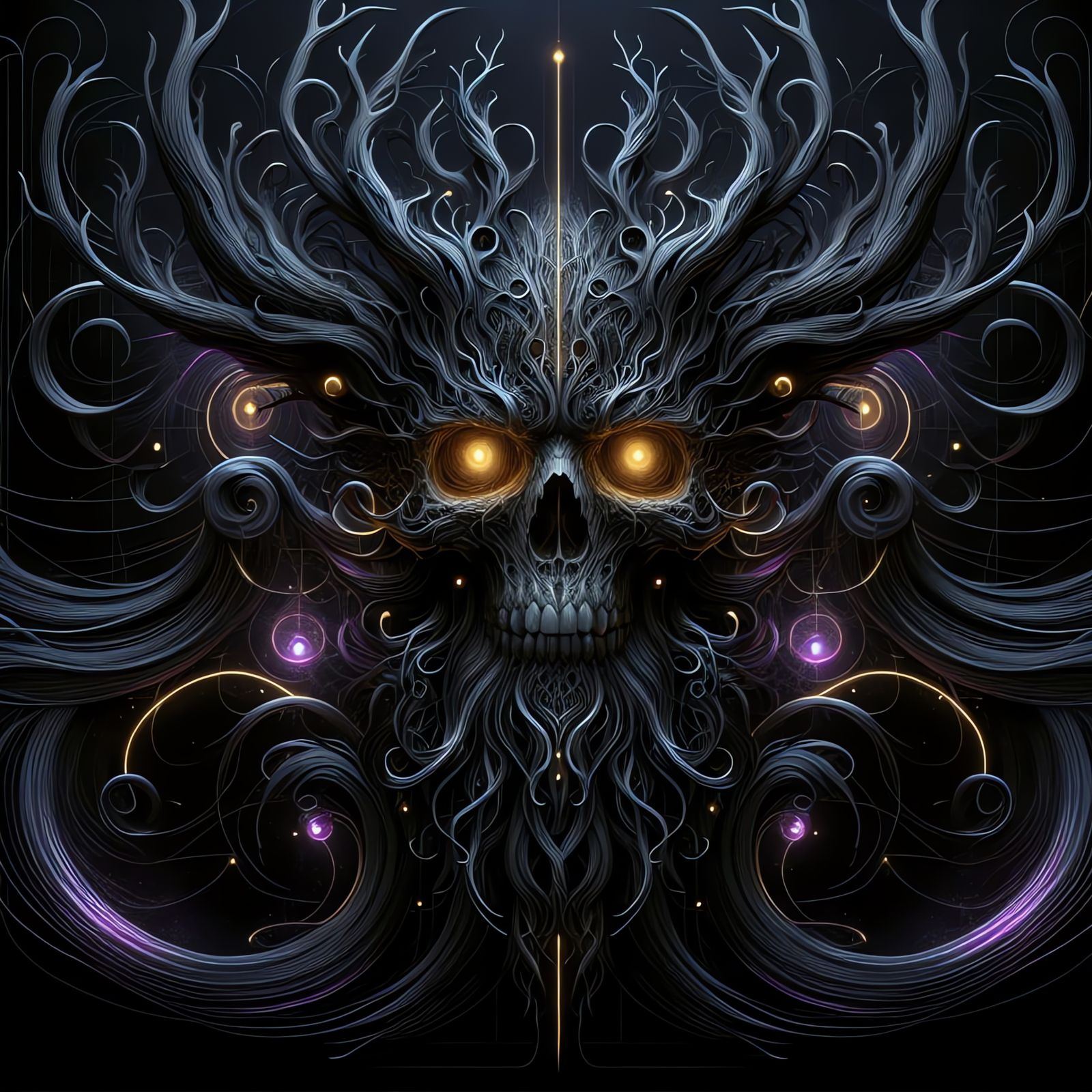 Dark Fantasy Skull with Amber Eyes and Vine Tendrils