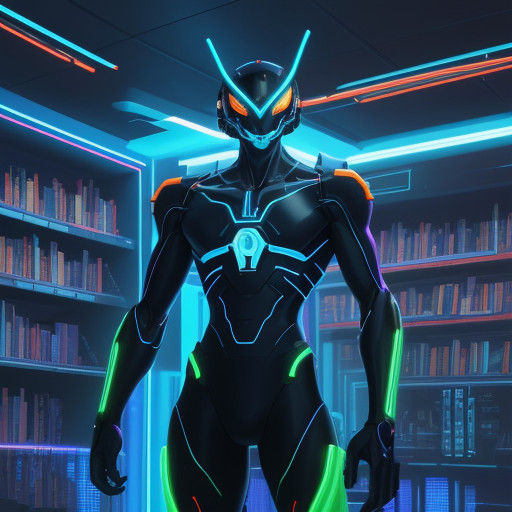 Neon Lit Digimon Among Futuristic Holographic Bookshelves