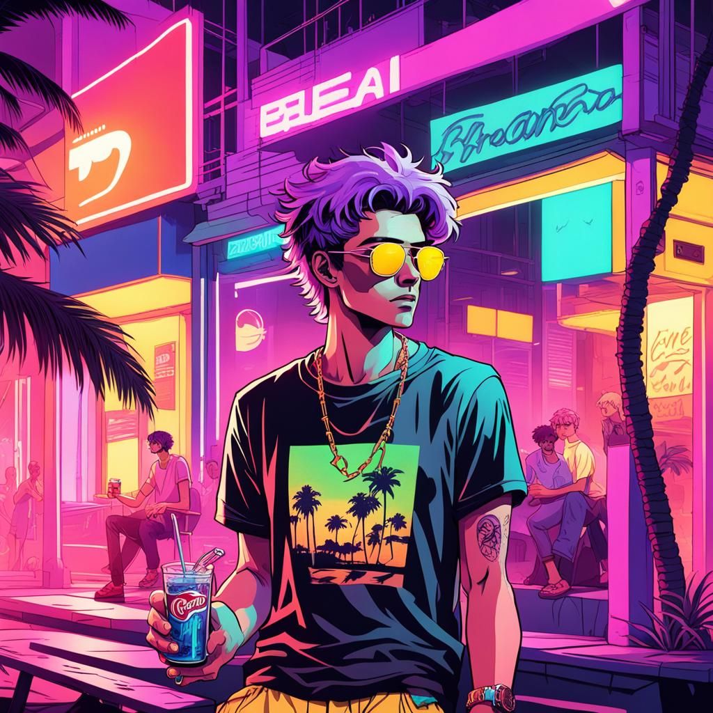 Anime Boy Drinking Soda in Synthwave Style