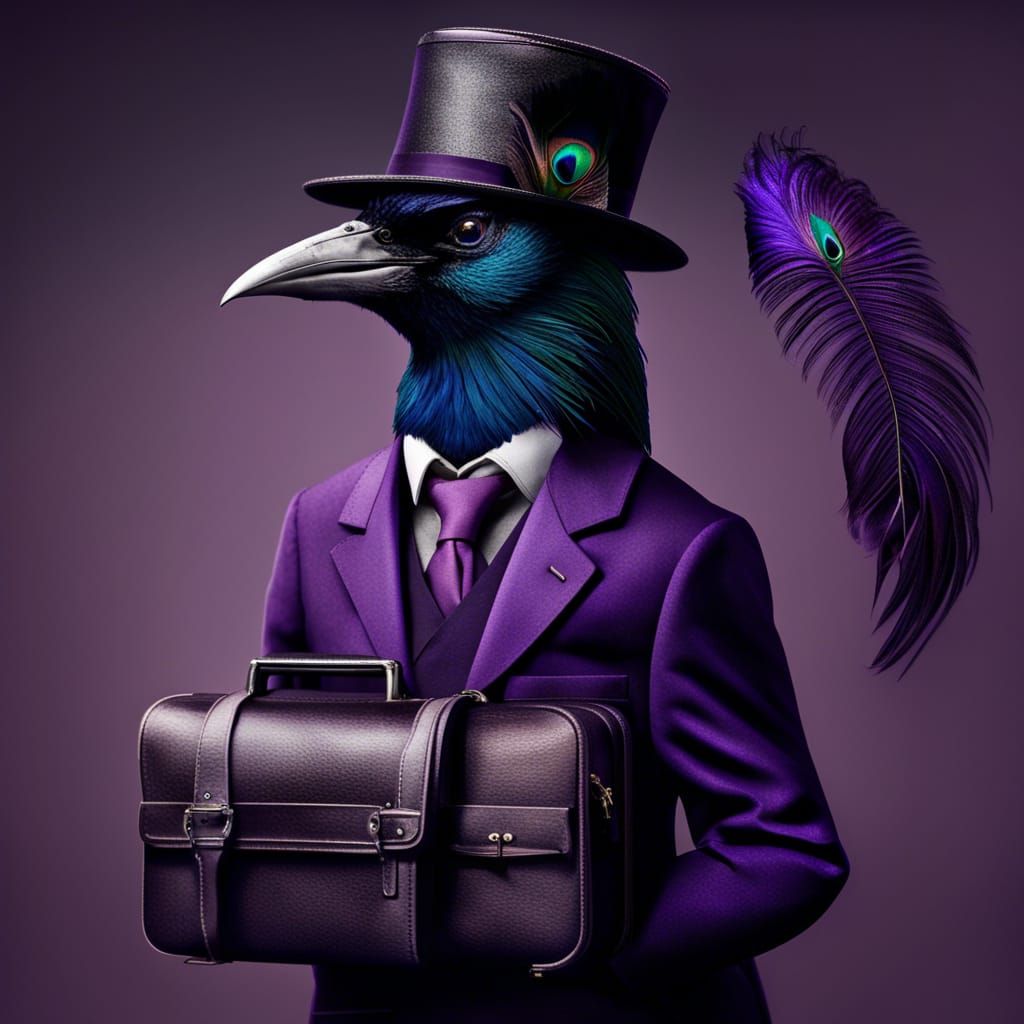 Crow in Purple Suit with Briefcase: Hyperrealistic Image