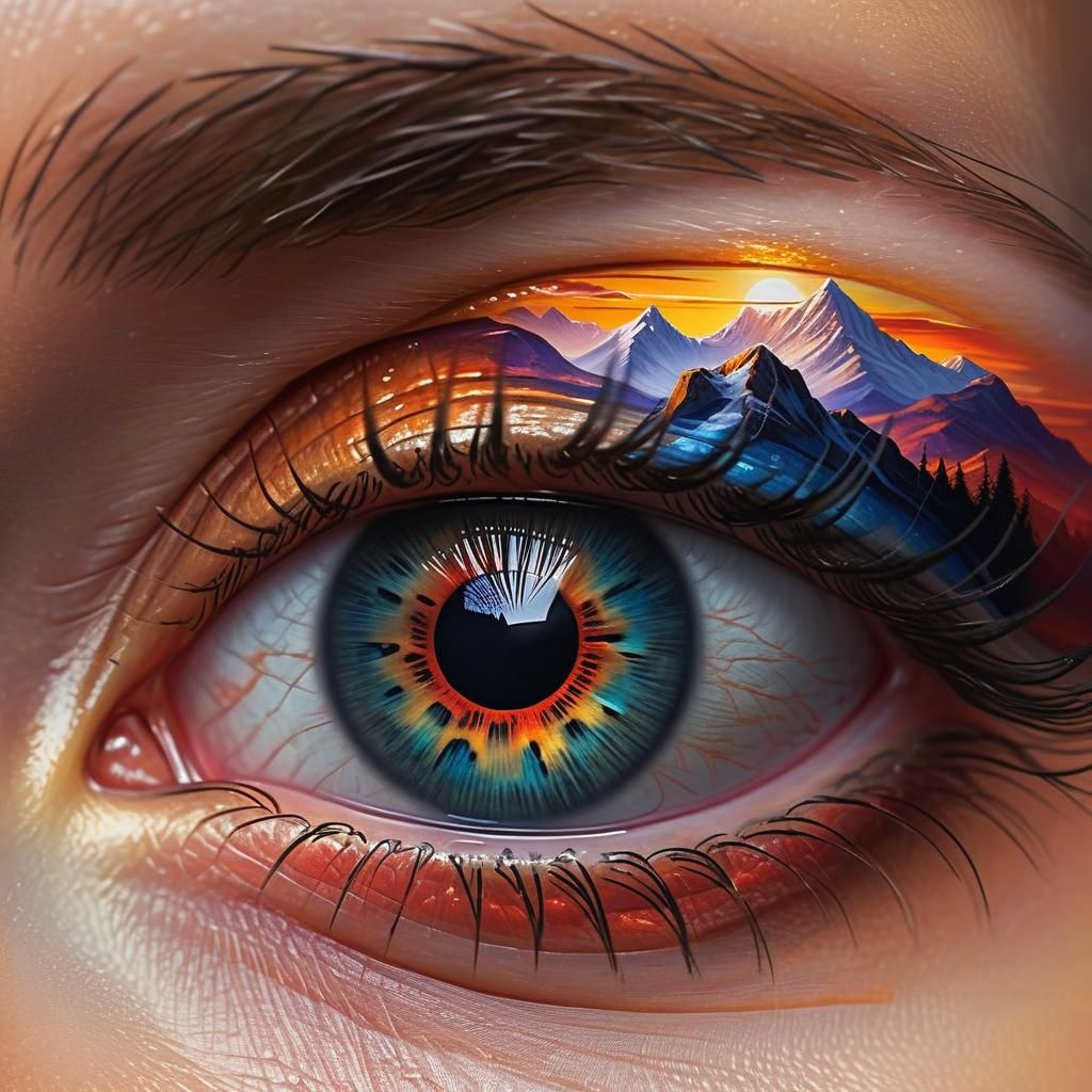 Eye Reflecting Mountain Sunset, Fantasy Art Style