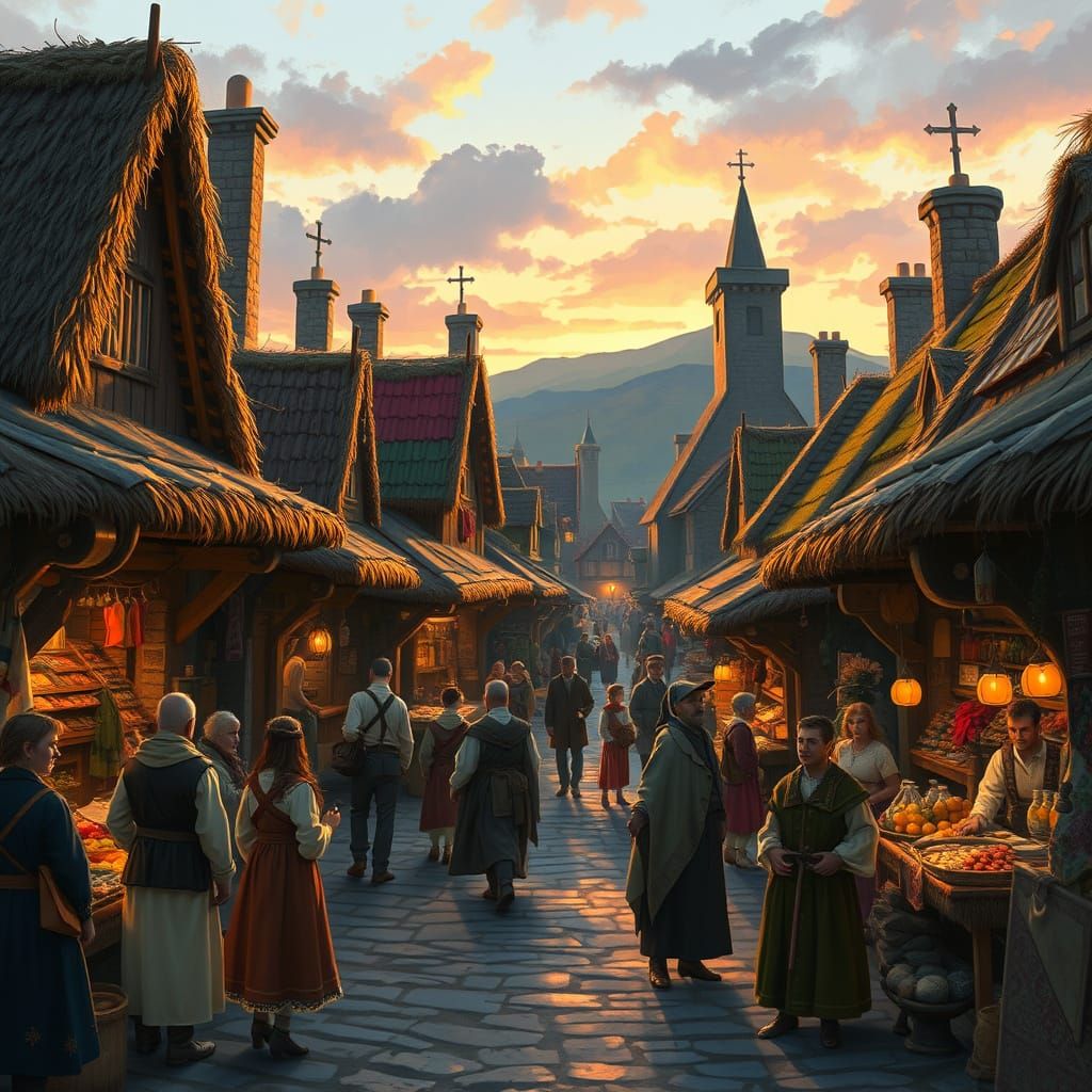 Bustling Scottish Marketplace at Sunset in Impressionist Sty...