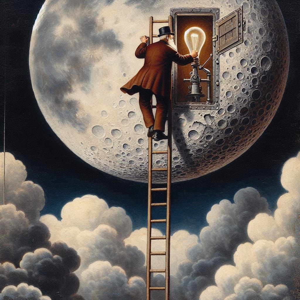 Janitor on Moon Opening Hatch with Lightbulb