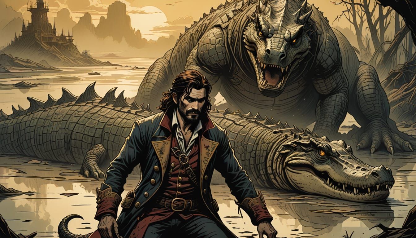 Exhausted Captain Hook Crouches Amidst a Dismembered Crocodi...