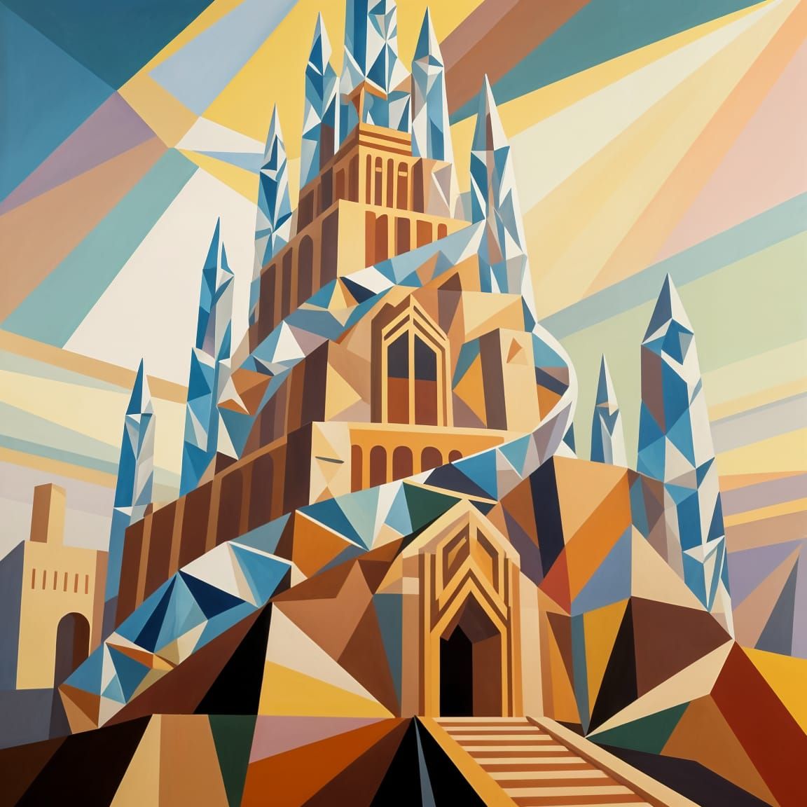 Cubist Tower of Babel: Geometric Skyward Spiral