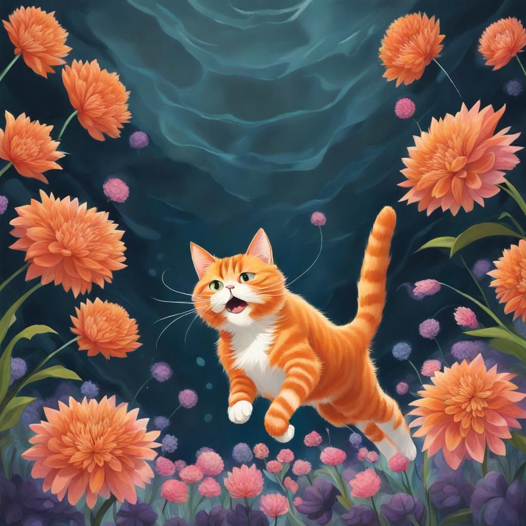 Ginger Cat's Leap into Floral Abyss
