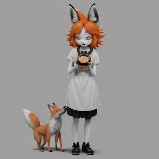 Fox Girl with Orange Ears in Grayscale Kitchen