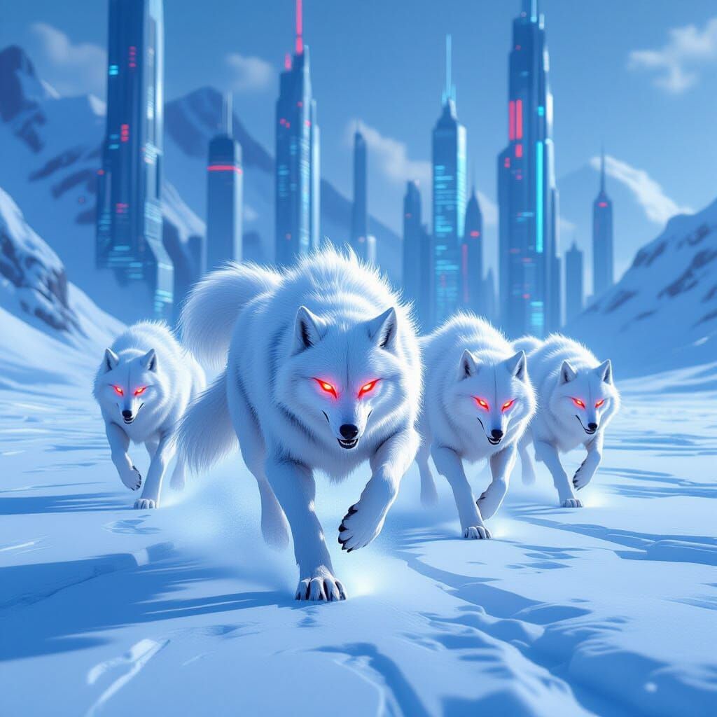 Cyberpunk Ice Wolves on Frozen Tundra