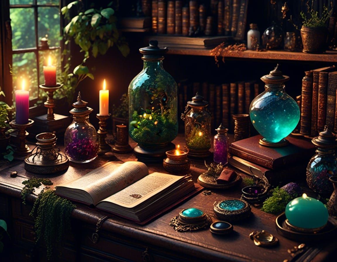 Ancient Witch's Grimoire in Magical Candlelit Lab