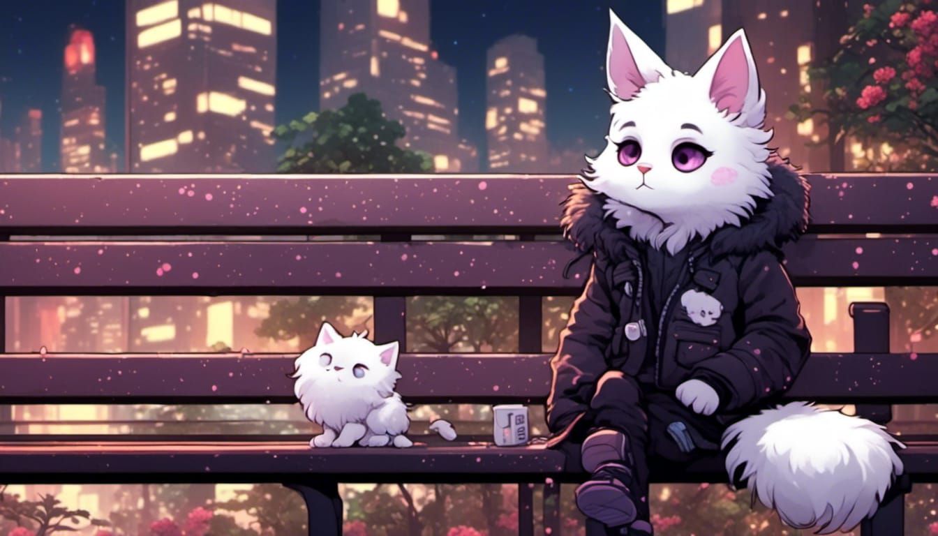 <lora:Synthwave stuff:1.0> a fluffy white  chibi cat at nigh...