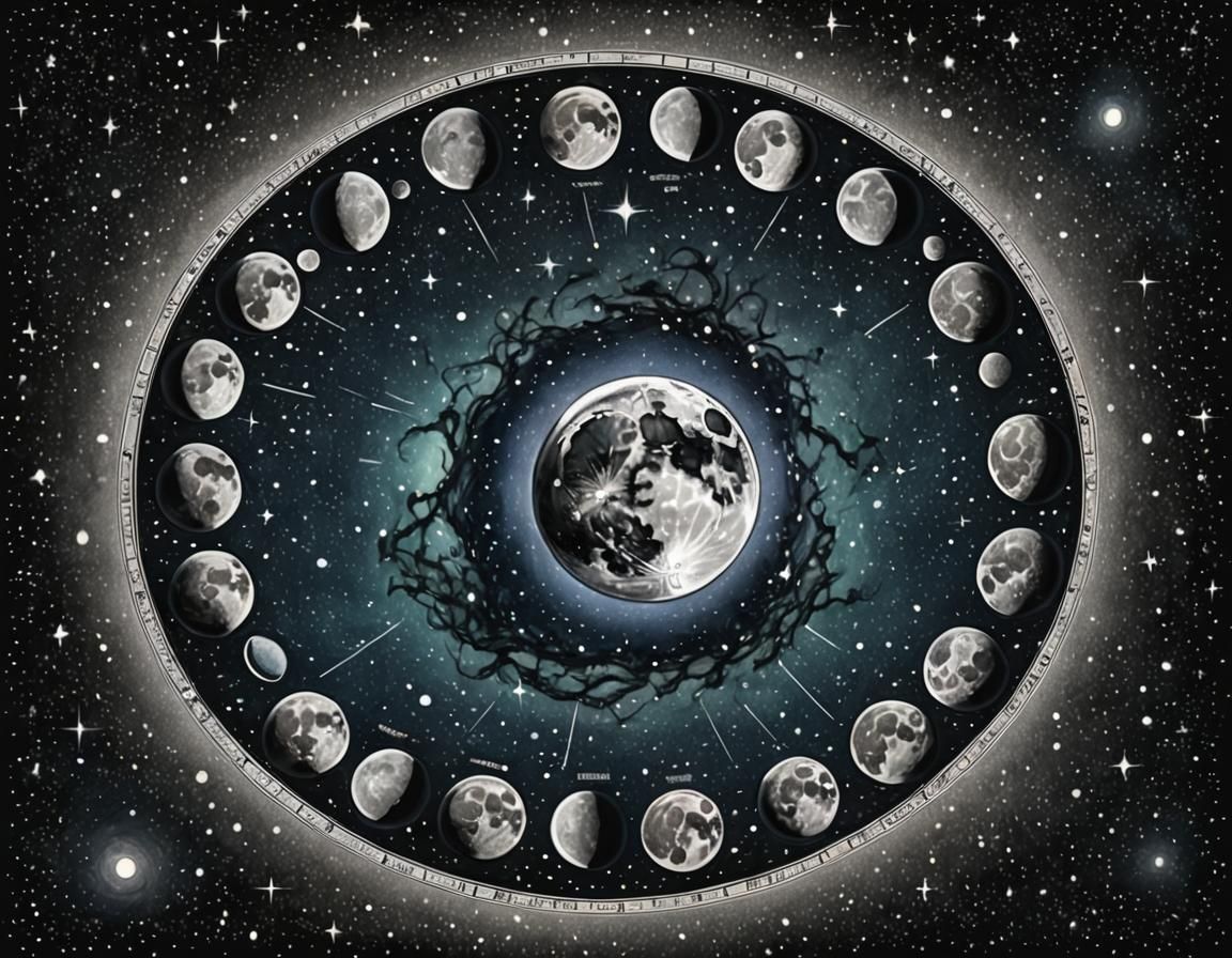 Moon Phases Circle with Starry Aurora Background