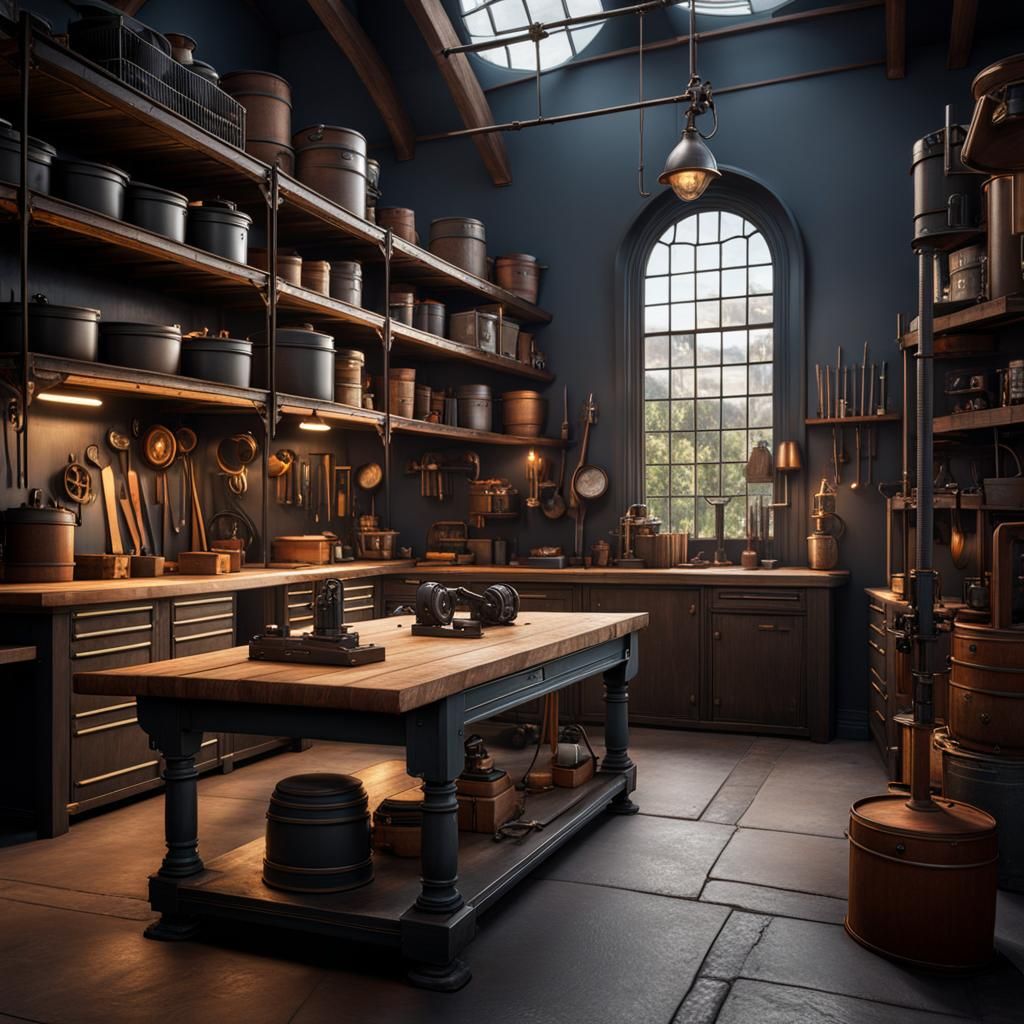 Victorian Garage Workshop with Industrial Shelves