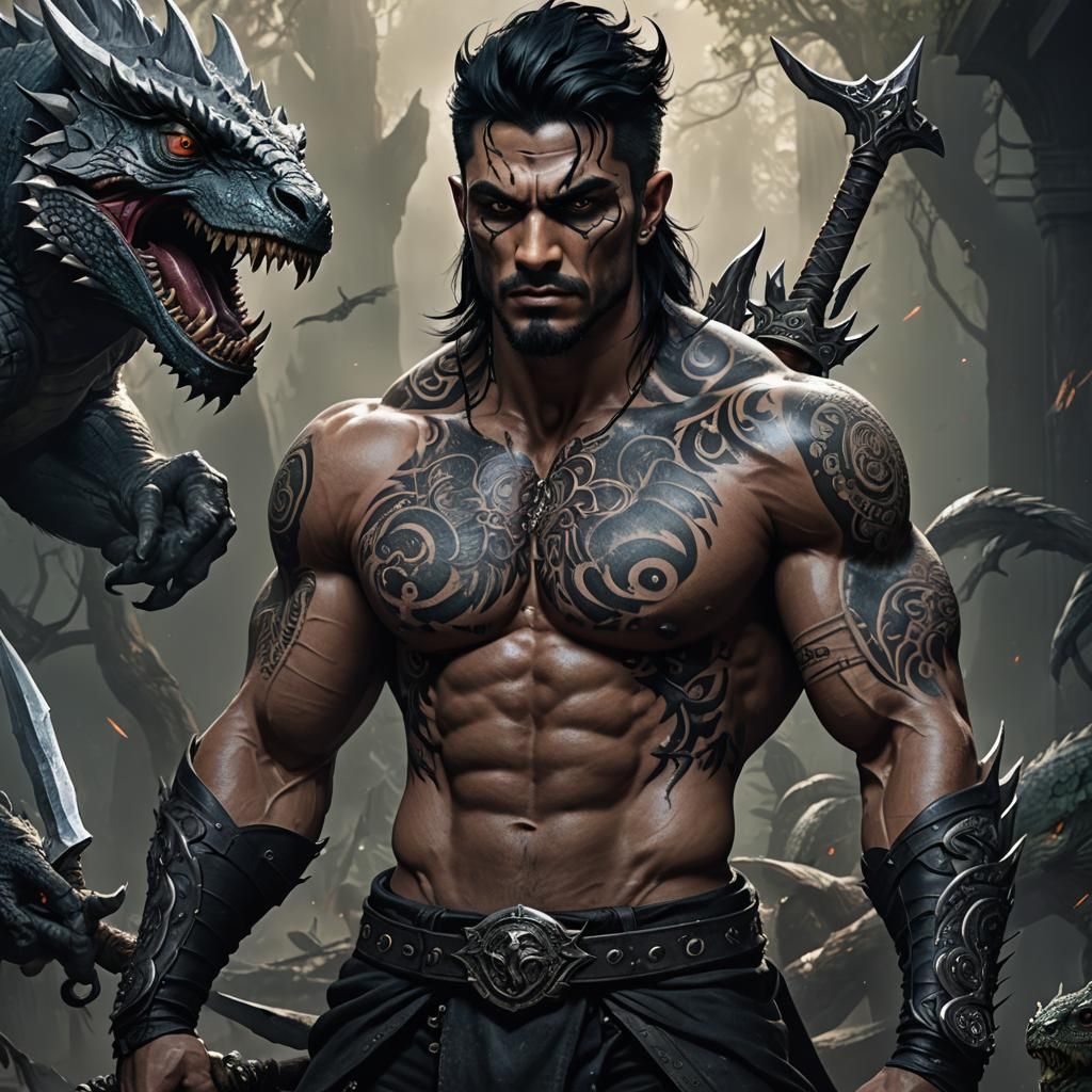 Muscular Dragborn Warrior in Dark Fantasy Art