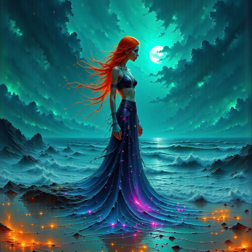 Ethereal Woman in Water Dress on Bioluminescent Beach