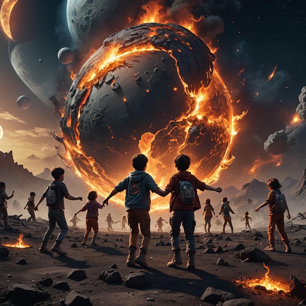 Children Dance Around Burning Earth: Fantasy Art