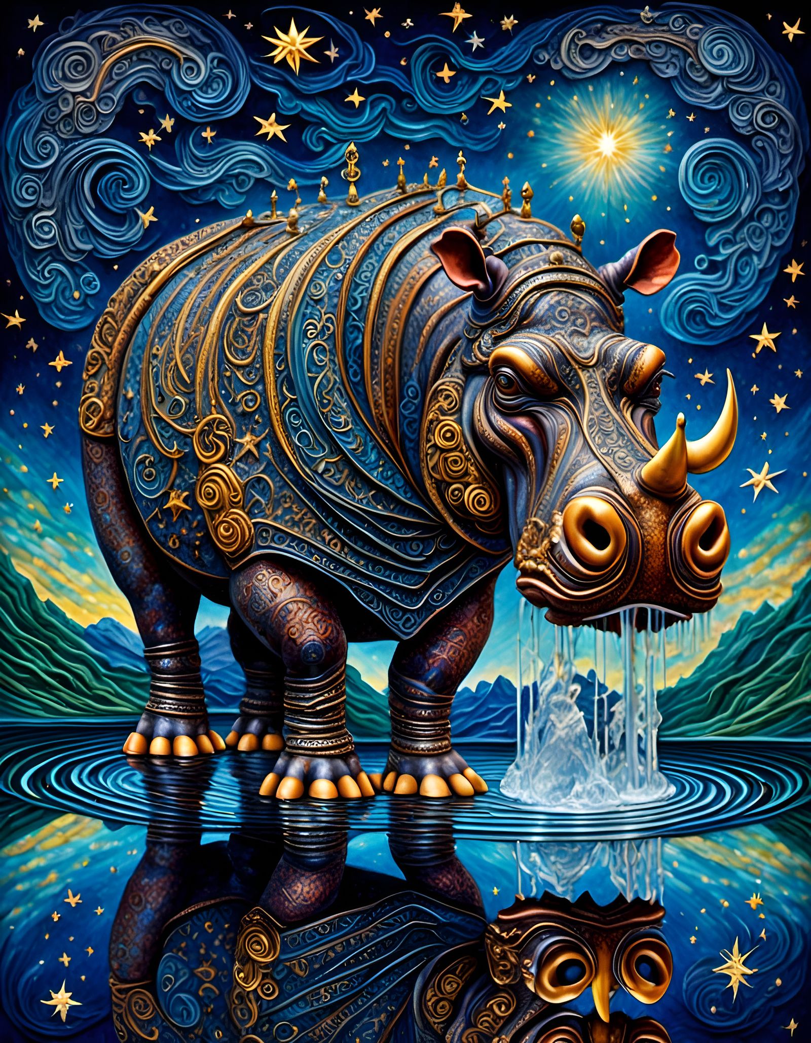 Hippo Drinks Under Starry Sky: Hyperreal Style