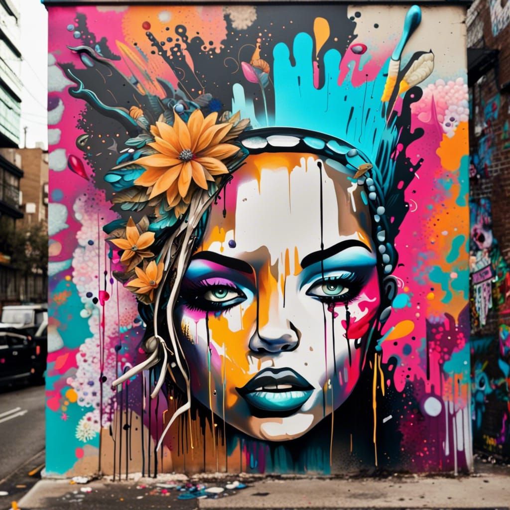 Feminine Urban Landscape in Graffiti Splash Art Style