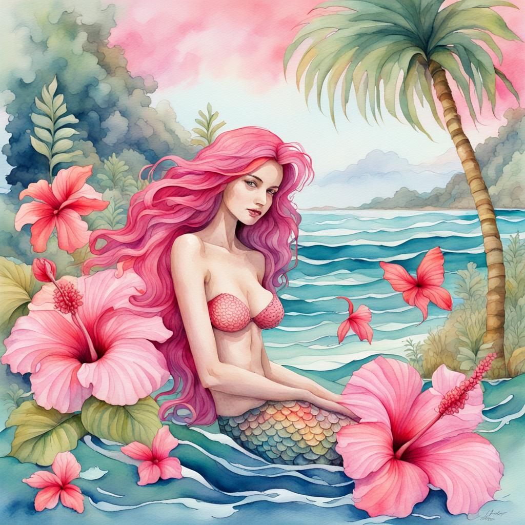 Mermaid in Watercolor Tropical Island Landscape