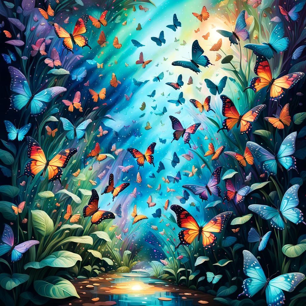 a surreal and dreamlike artwork that depicts a magical garden filled with iridescent butterflies, their wings reflecting...