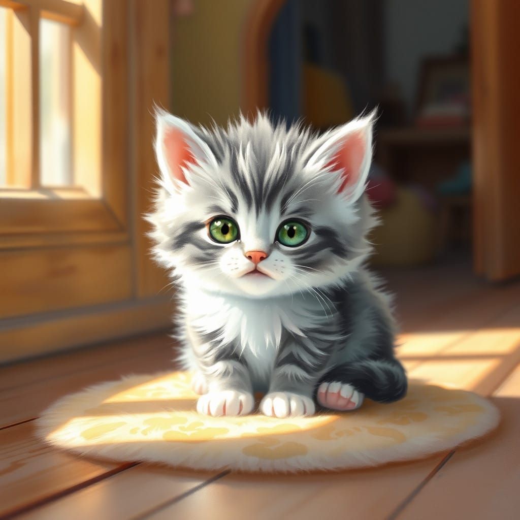 Whimsical Grey and White Kitten in Warm Woodland Setting