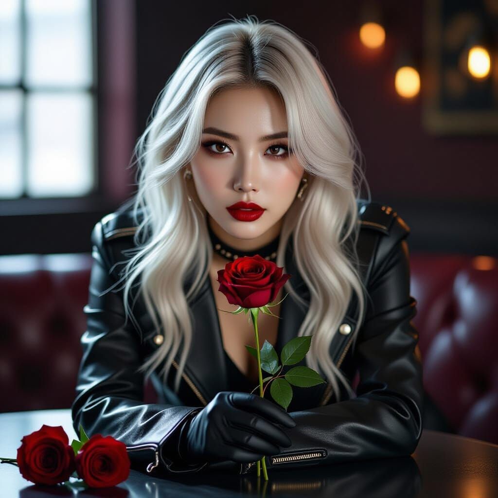 Photorealistic Portrait of Fierce K-Pop Star with Rose