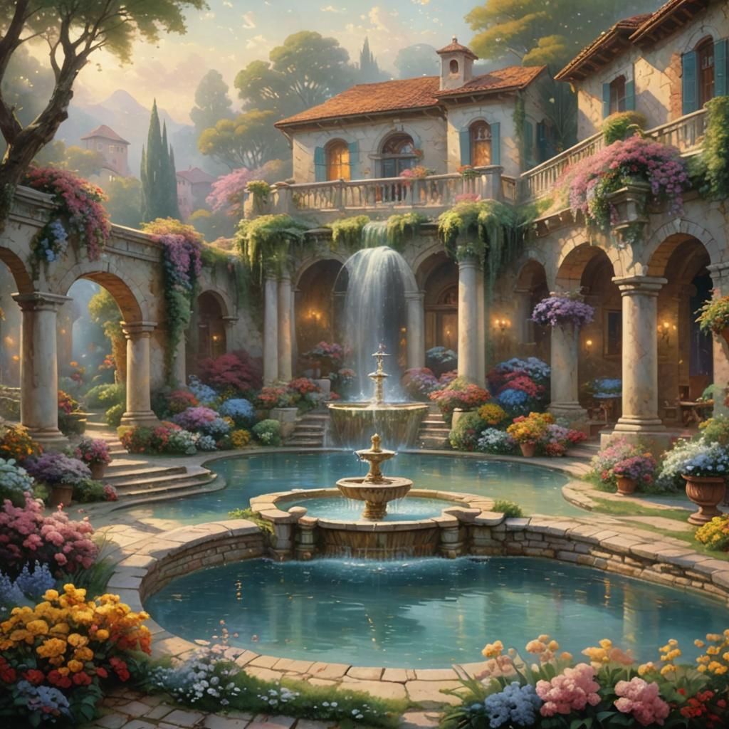 Roman Villa with Fountain in Ethereal Style