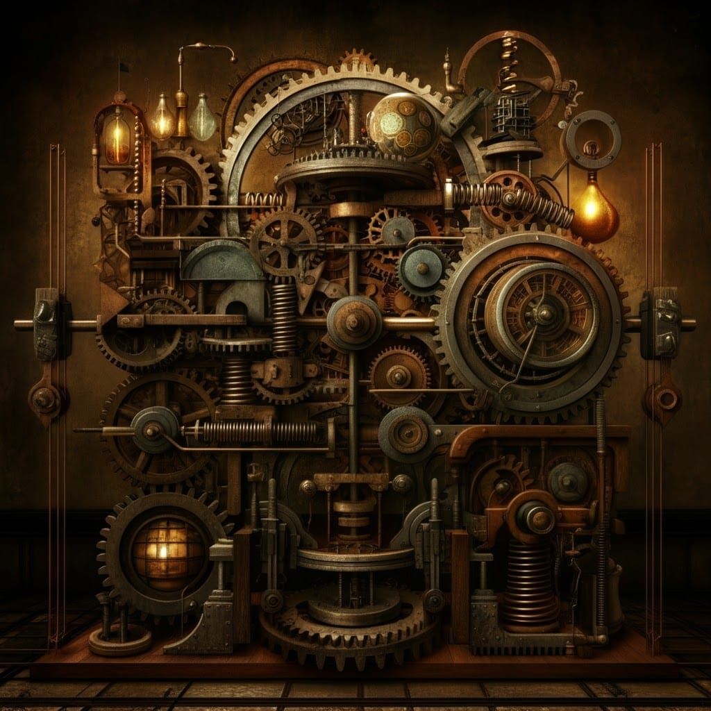 Intricate Mechanical Contraption in Rube Goldberg Style