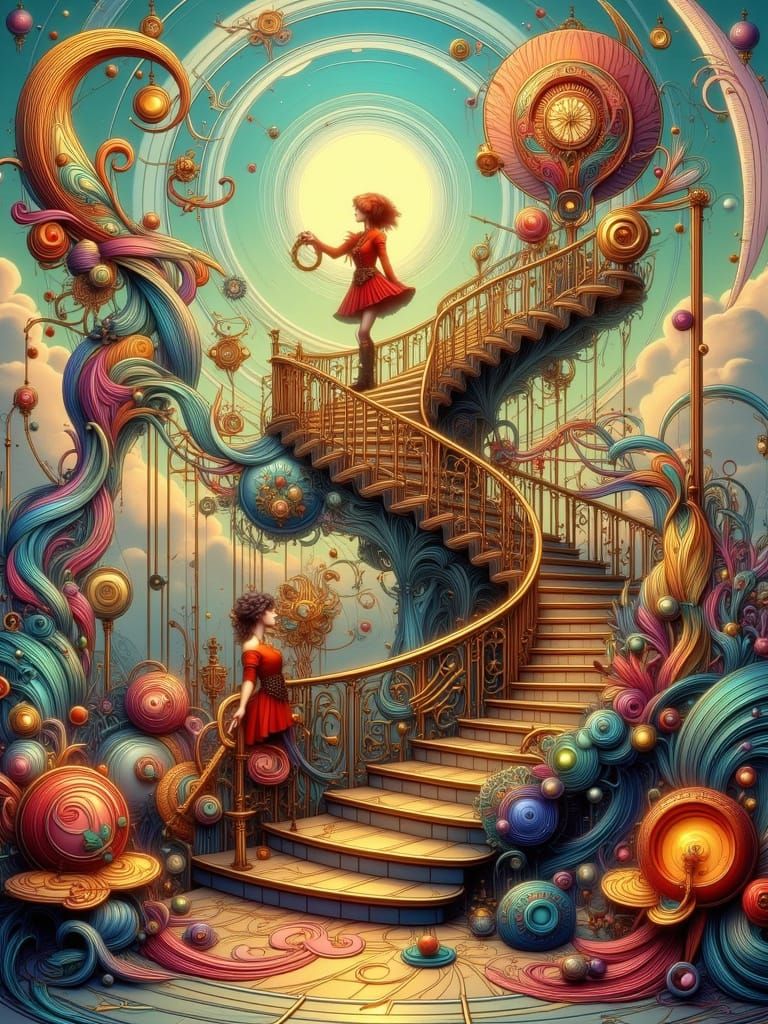 Surreal Staircase Ascends in Art Nouveau Punk Style