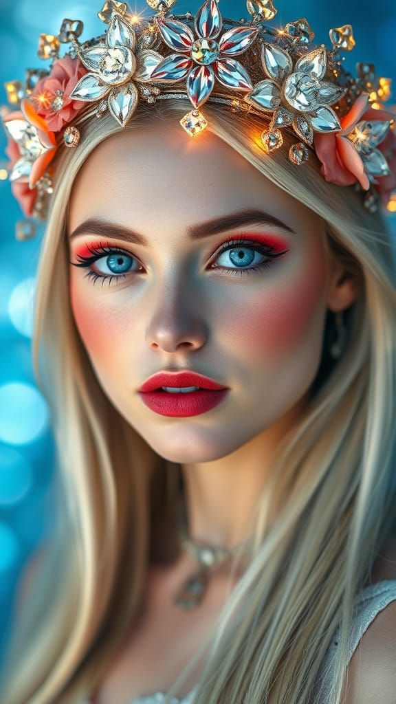 Ethereal Woman in Sparkling Floral Crown, in the Style of Ar...