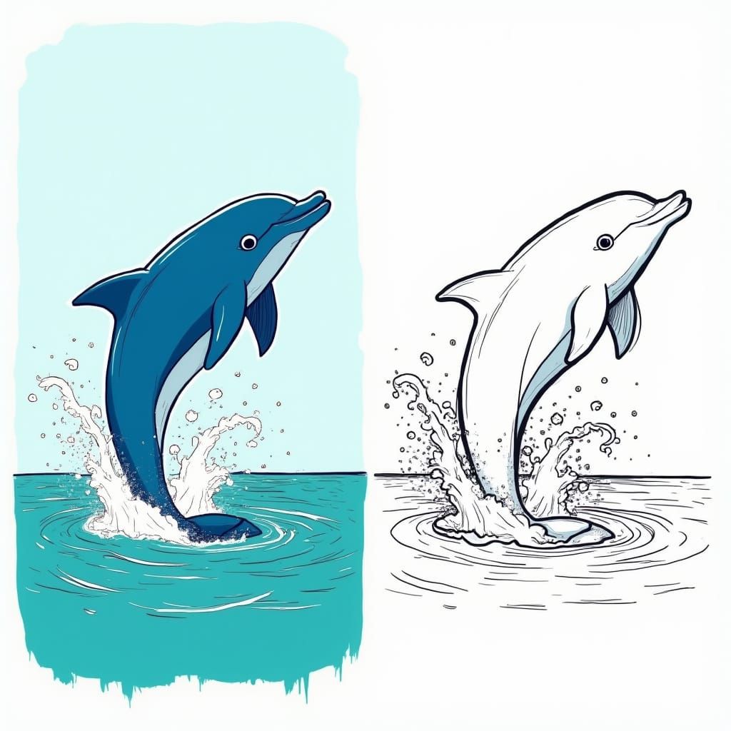 Stylized Dolphins Leaping from Turquoise Waves