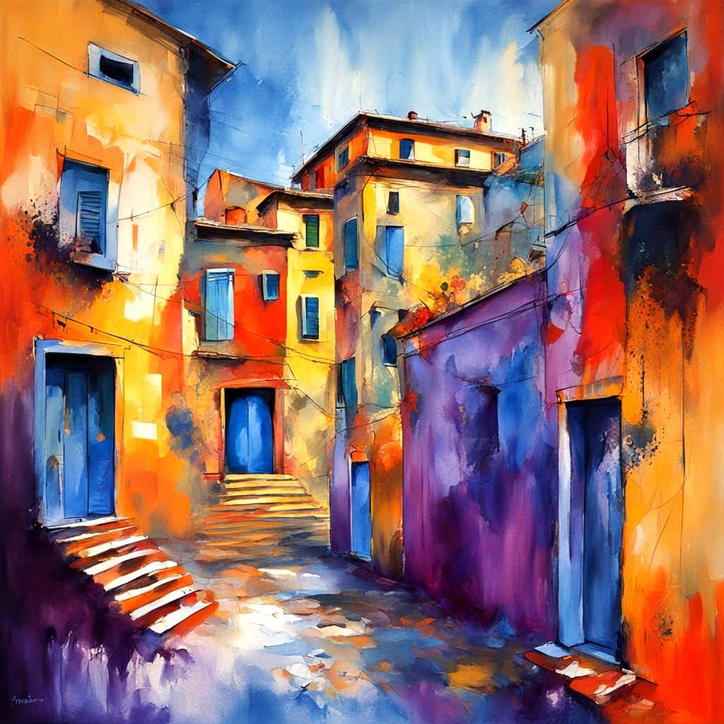 Glamorous 1940s Italian Fantasy in Vibrant Purples and Blues