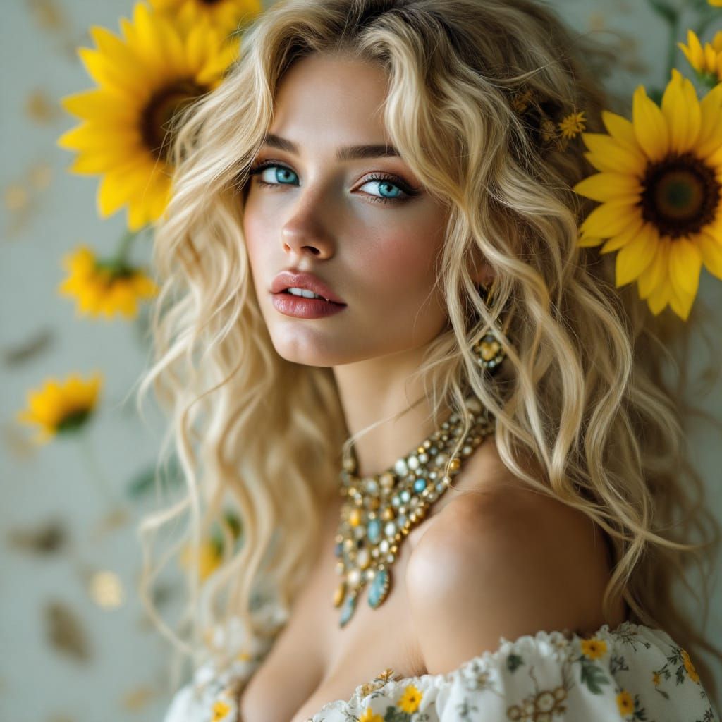 Boho Grunge Woman with Lion and Sunflowers