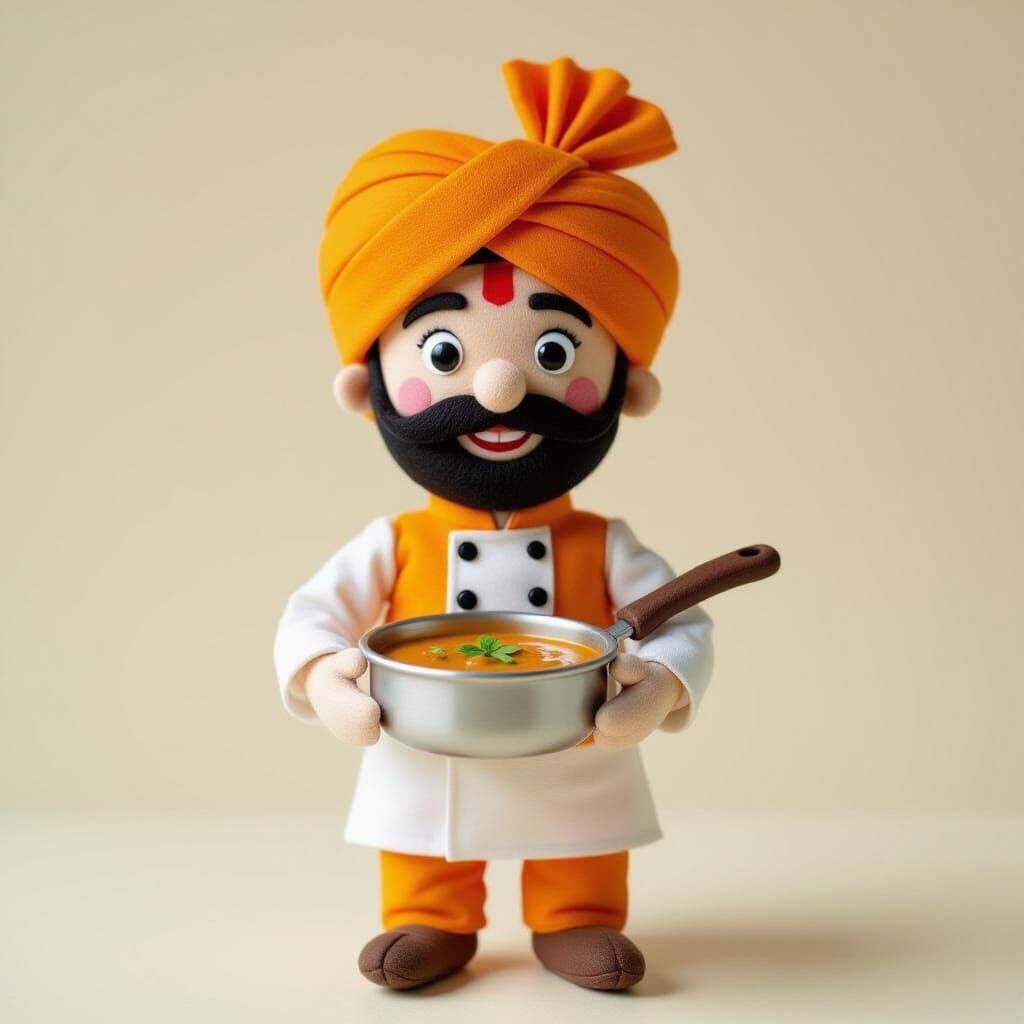 Felt Toy Indian Chef with Curry, 3D Render