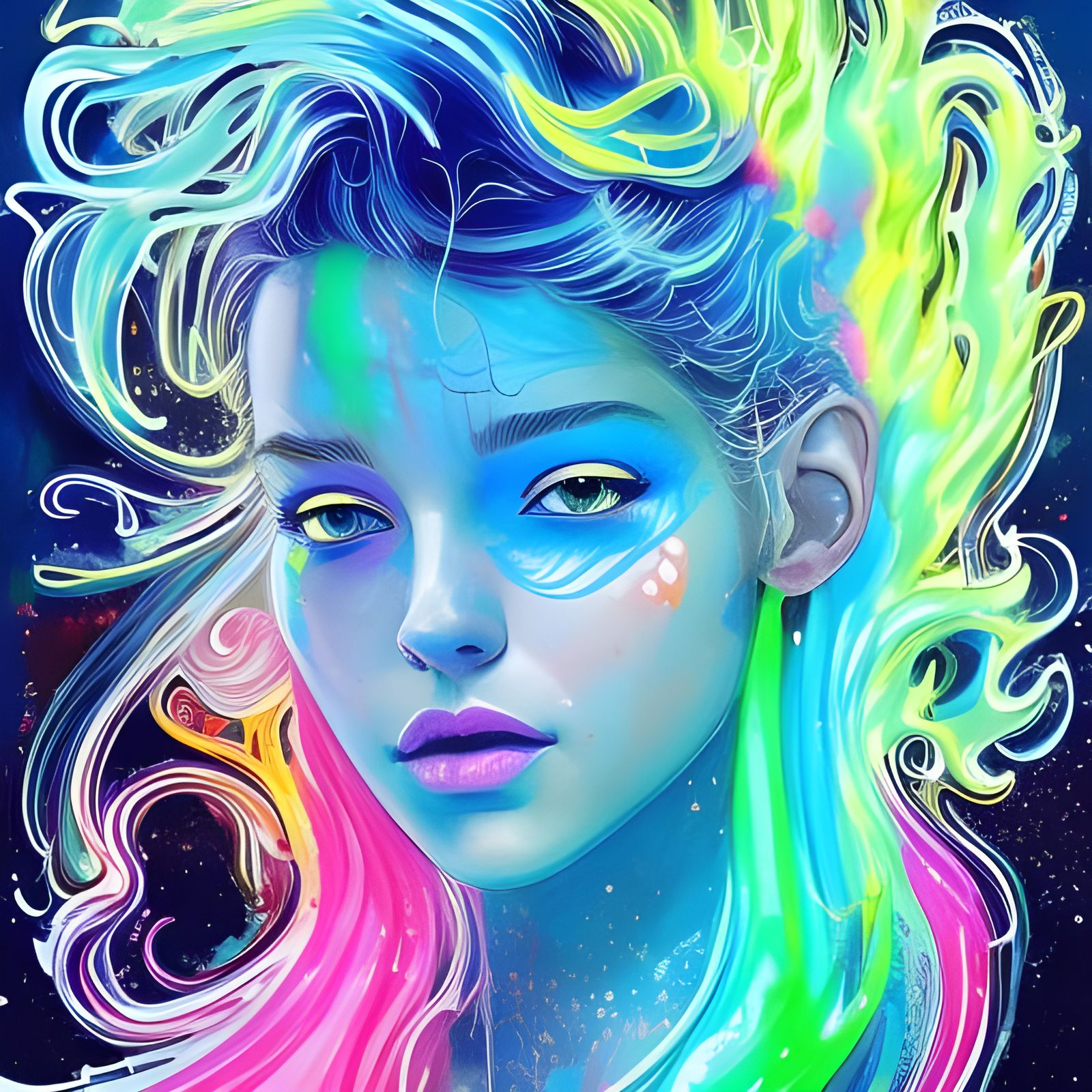 Neon-Haired Italian Girl in Gouache and Watercolor