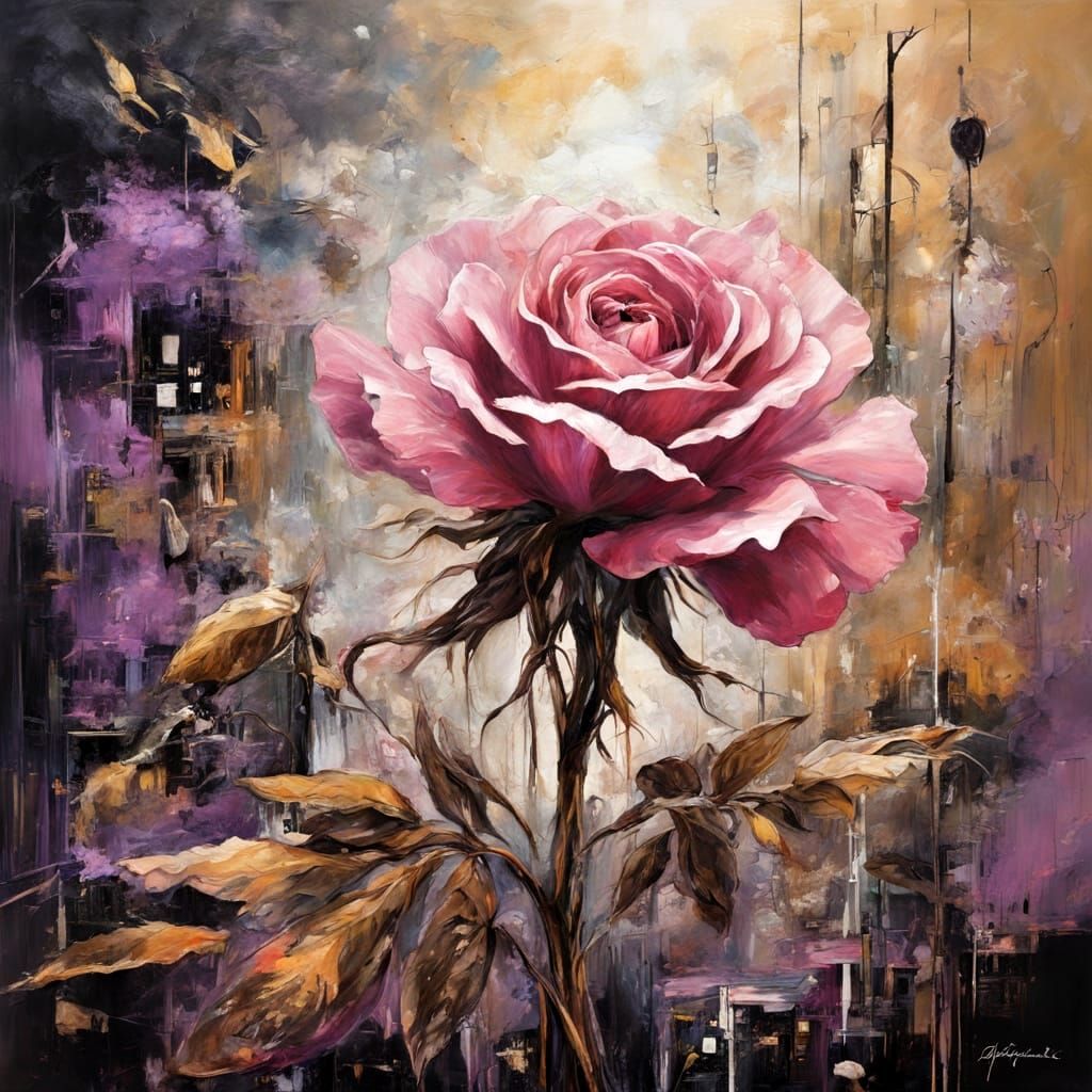 Surreal Cyberpunk Rose Painting in Vivid Violet and Sepia