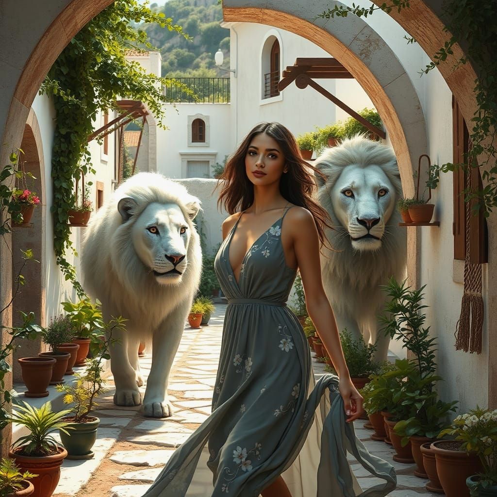 Woman in Grey Dress in Greek Village, Digital Art