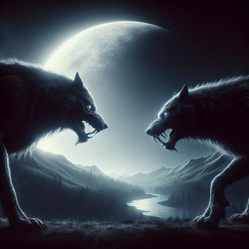 Dire Wolves Preparing for Battle Under Moonlight