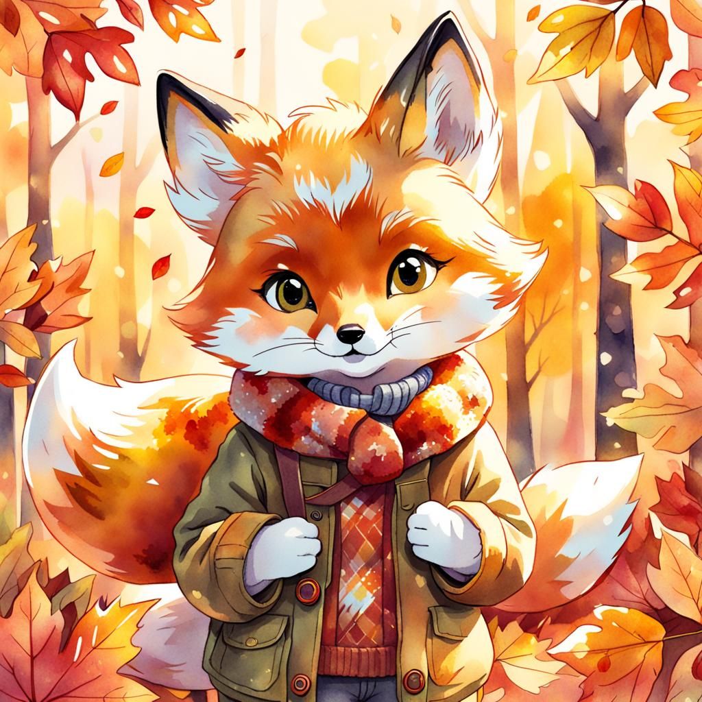 Watercolor Cartoon: Little Fox in Autumn Clothes
