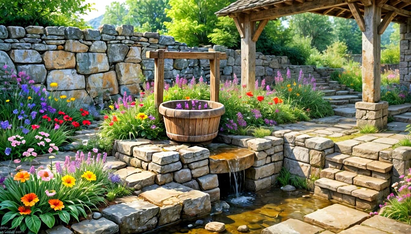 Impressionistic Watercolor Garden Well Scene