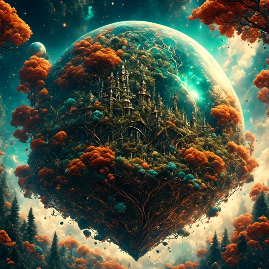 Flying Eco-Dome Among Space Nebulae, 3D Render